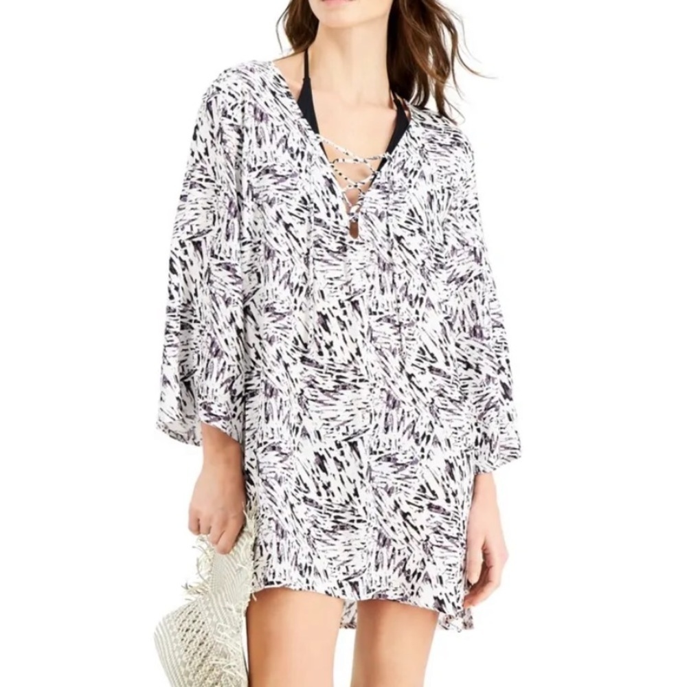J Valdi ESF10647 Women's Lace-Up Cover-Up Tunic Size X-Small Black/White